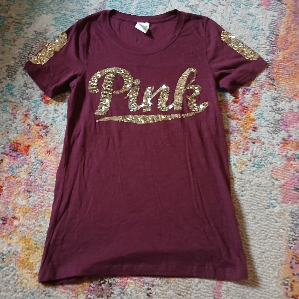 PINK Victoria's Secret Gold Sequin Red Maroon Shirt